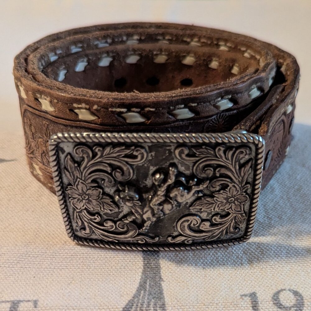 1979 Tex Tan Leather Belt with Nocona bull rider buckle
